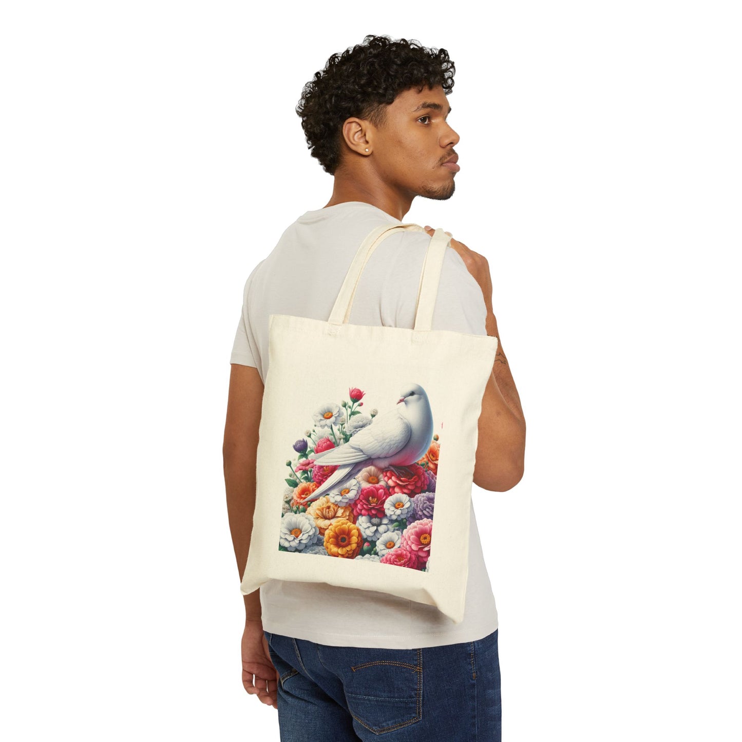 Floral Dove Cotton Canvas Tote Bag - Eco-Friendly Shopper