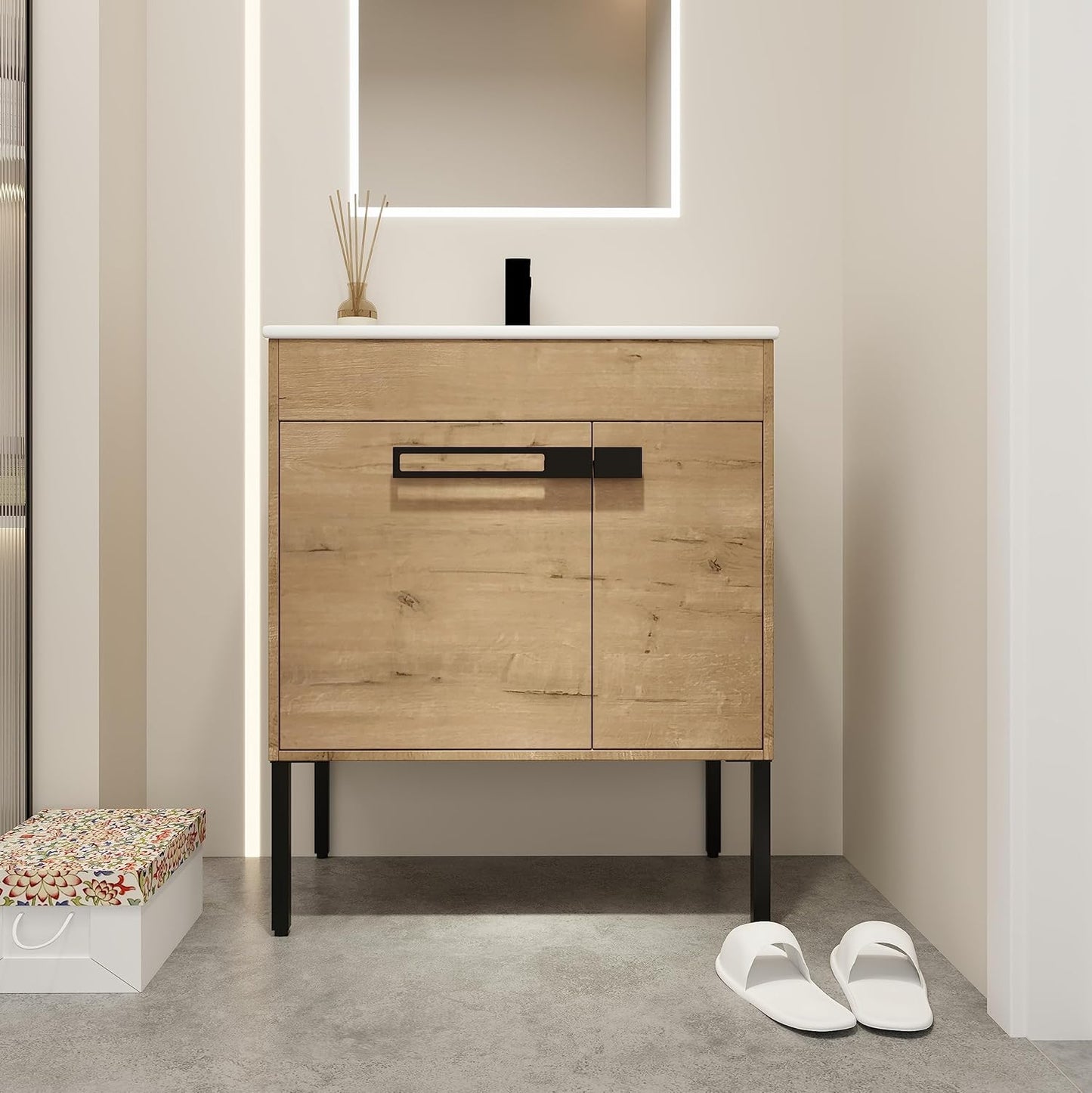 HomSof 30 Inch Bathroom Vanity With Sink, Freestanding Bathroom Vanity or Floating is Optional Conversion,Imitative Oak